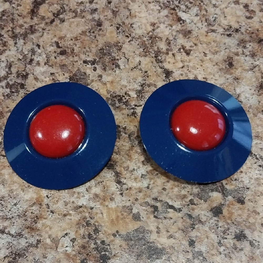 Vintage Navy and Red Round Clip-On Earrings